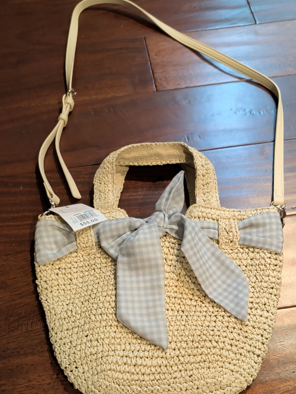 LC Lauren Conrad Cream Straw Shoulder Bag with Light Blue Gingham Bow